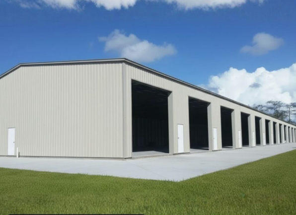 Large tan commercial metal building with multiple bay doors